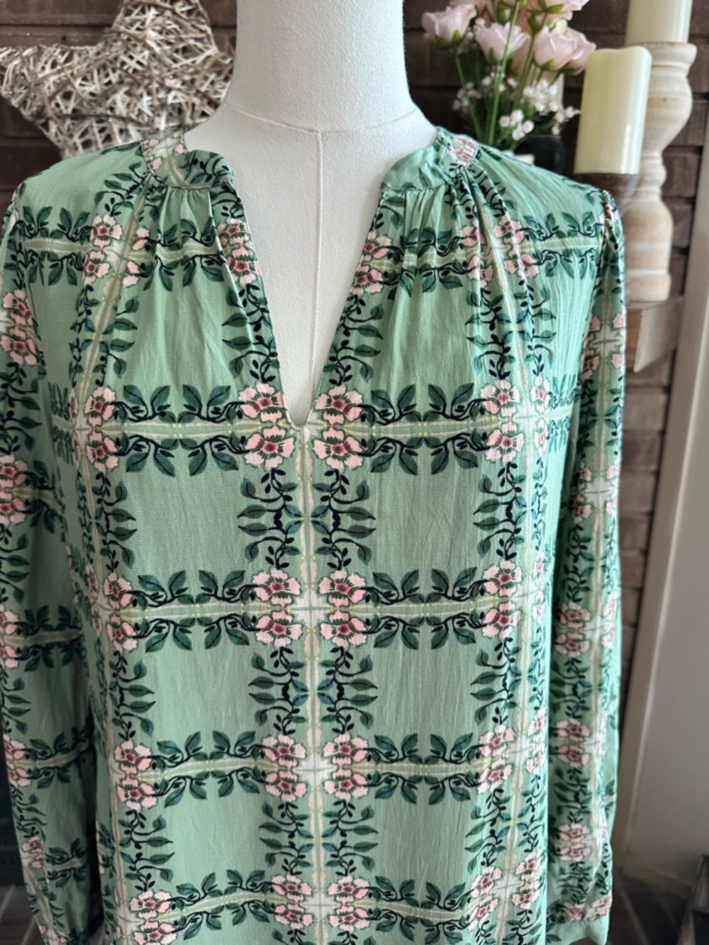 LOFT Sage Green Floral Long Sleeve Flounce Hem Shift Dress S Cottagecore Boho - Picture 3 of 6